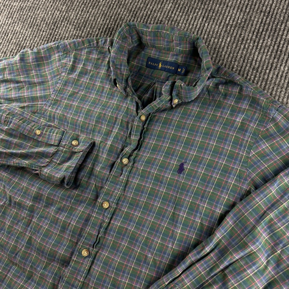 Ralph Lauren Mens Green Purple Plaid Long Sleeve Button Down Shirt Size M